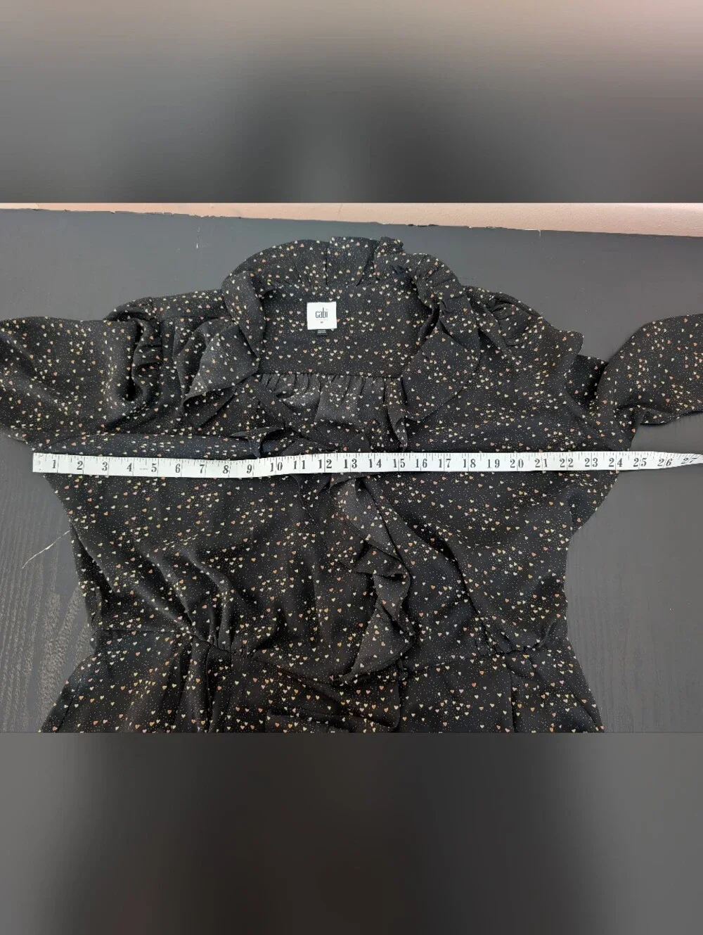 Cabi Eros Blouse Black Heart Print Ruffle Long Sleeve Blouse  Feminine Chic - M - Picture 4 of 11